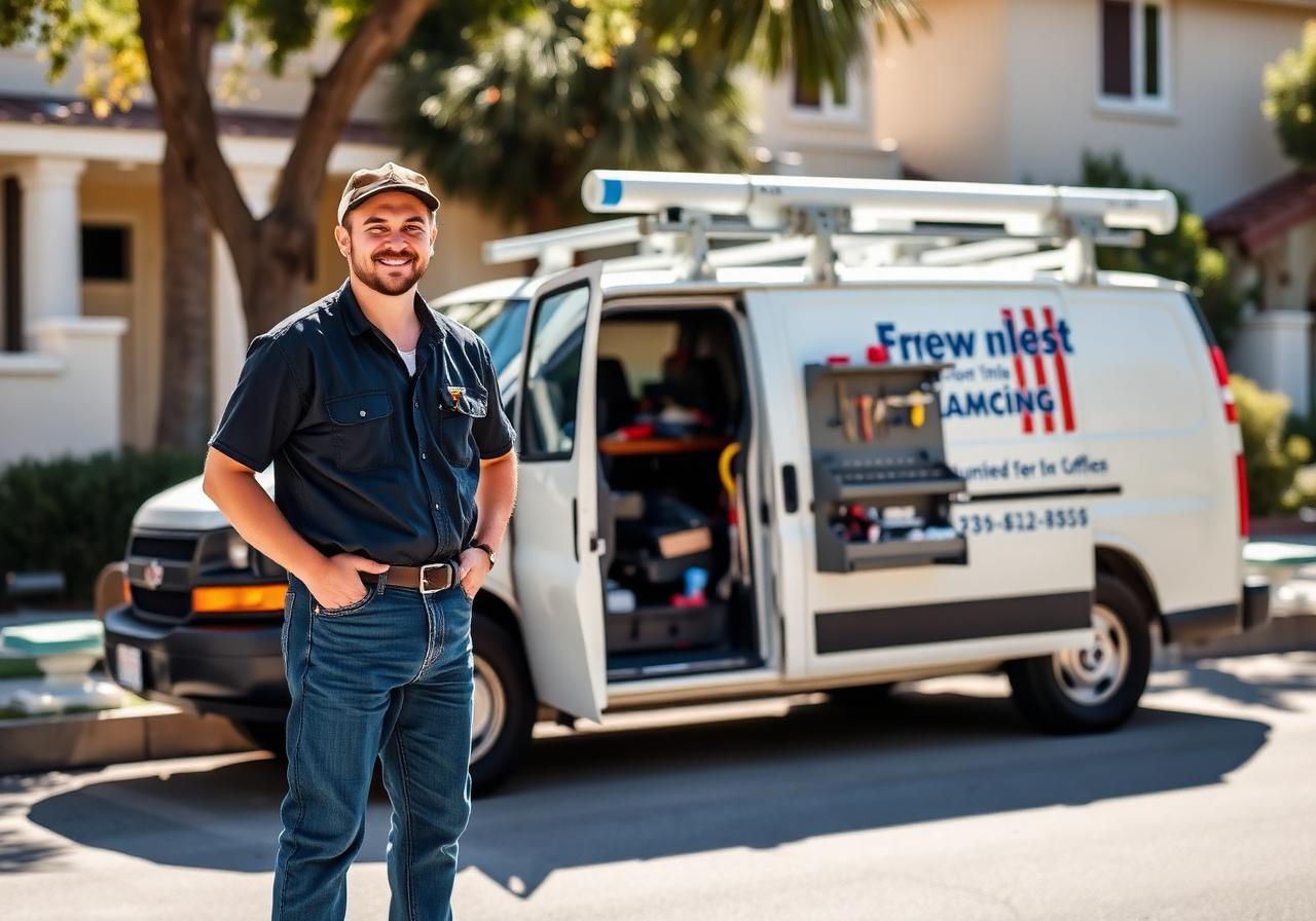 Local plumber standing next to a stocked service van in a San Diego neighborhood